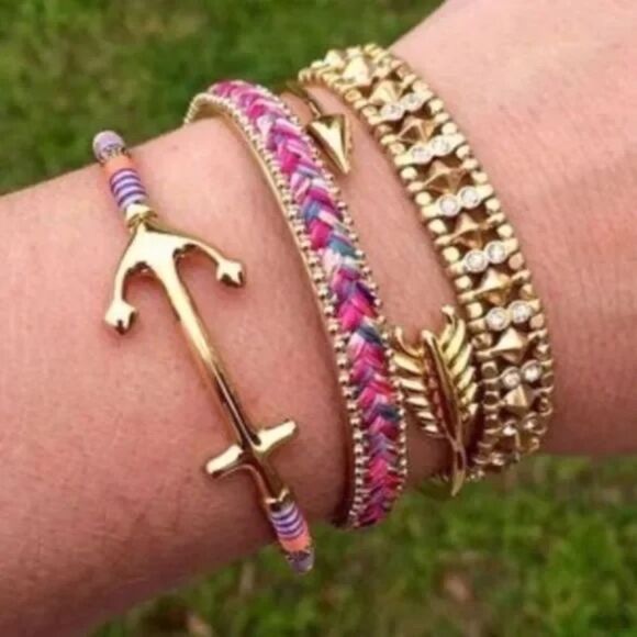 Stella & Dot Voyager Cuff – Pink & Orange Thread Wrap, Gold Anchor Bracelet - Picture 4 of 7